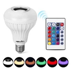 Bombillo parlante LED Bluetooth blanco con control remoto y demostraciones de colores de luz.