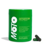 Bote verde con capsulas Moto para metabolismo, ingredientes y 60 capsulas veganas.