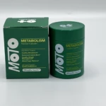 Caja y frasco verde de cápsulas Moto para el metabolismo, 60 cápsulas veganas.