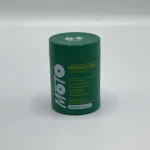 Envase verde de cápsulas Opositiv Health para metabolismo, con texto de apoyo.