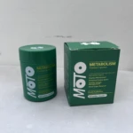 Botella verde y caja del suplemento MOTO Metabolism, con información de ingredientes y cantidad.