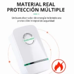 Ahorrador de energía blanco X1 con texto en círculo y símbolo de fuego prohibido.
