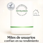 X1 Ahorrador de Energía blanco con bandas verdes, sello de garantía y texto "Electricity saving box".