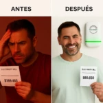 Hombre sonriente muestra recibo de luz $80.650 junto a X1 Ahorrador de Energía verde.