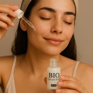 Mujer aplica suero facial BIO Serum Rice 20ml coreano con gotero.