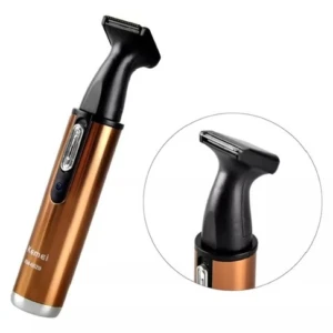 Máquina afeitadora patillera nariz Kemei dorada con cabezal negro y detalle de botón iluminado.