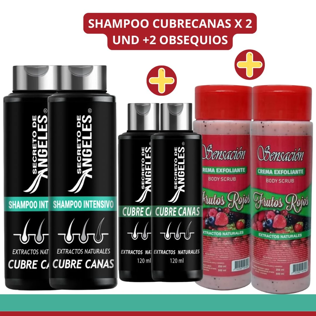 Shampoo y exfoliante corporal "Secreto de Ángeles" Frutos Rojos, pack de 4 unidades.