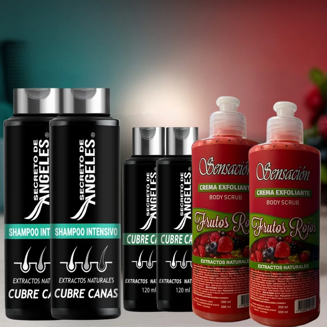 Dos botellas de shampoo cubrecana y dos exfoliantes corporales "Frutos Rojos" de Sensación.