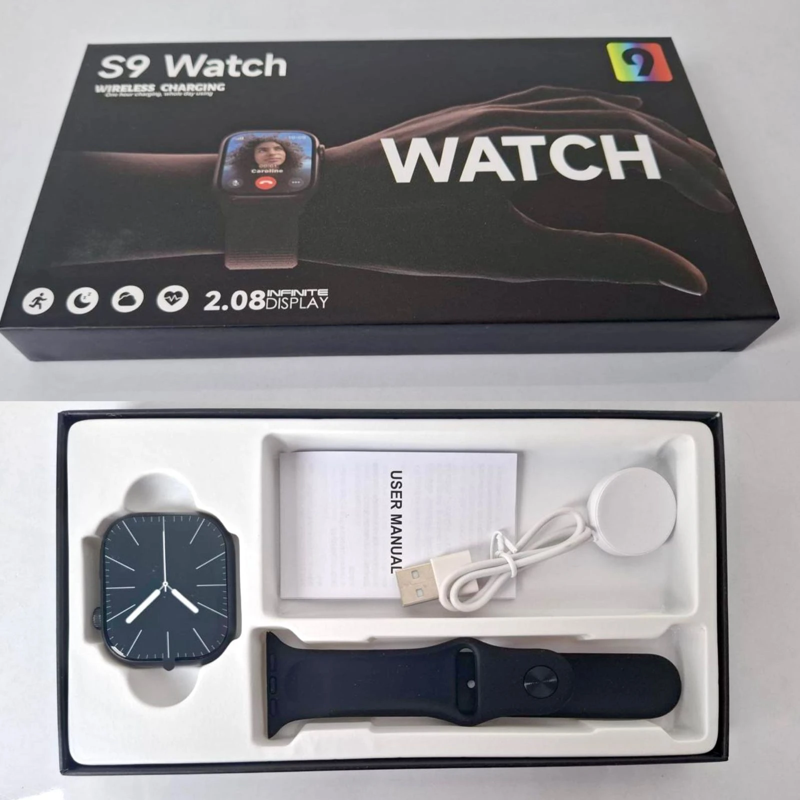 Reloj inteligente S9 Watch negro con cargador magnético inalámbrico y manual de usuario.