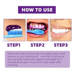Instrucciones de uso del corrector dental Smilekit: muestra la aplicación de crema morada en el cepillo, el cepillado de dientes y el resultado final.