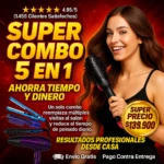 Publicidad de set 5 en 1 para cabello que incluye secador, cepillo moldeador y plancha, junto a mujer sonriendo con cepillo estilizador en mano.