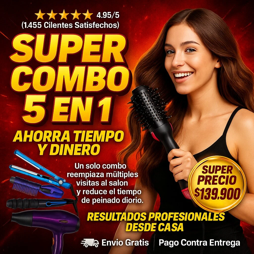 Publicidad de set 5 en 1 para cabello que incluye secador, cepillo moldeador y plancha, junto a mujer sonriendo con cepillo estilizador en mano.