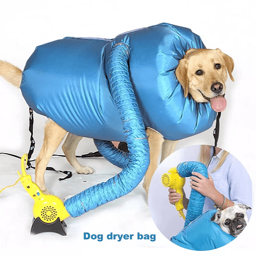 Bolsa secadora azul para perros con manguera conectada a secador amarillo, ideal para secar a tu mascota cómodamente.