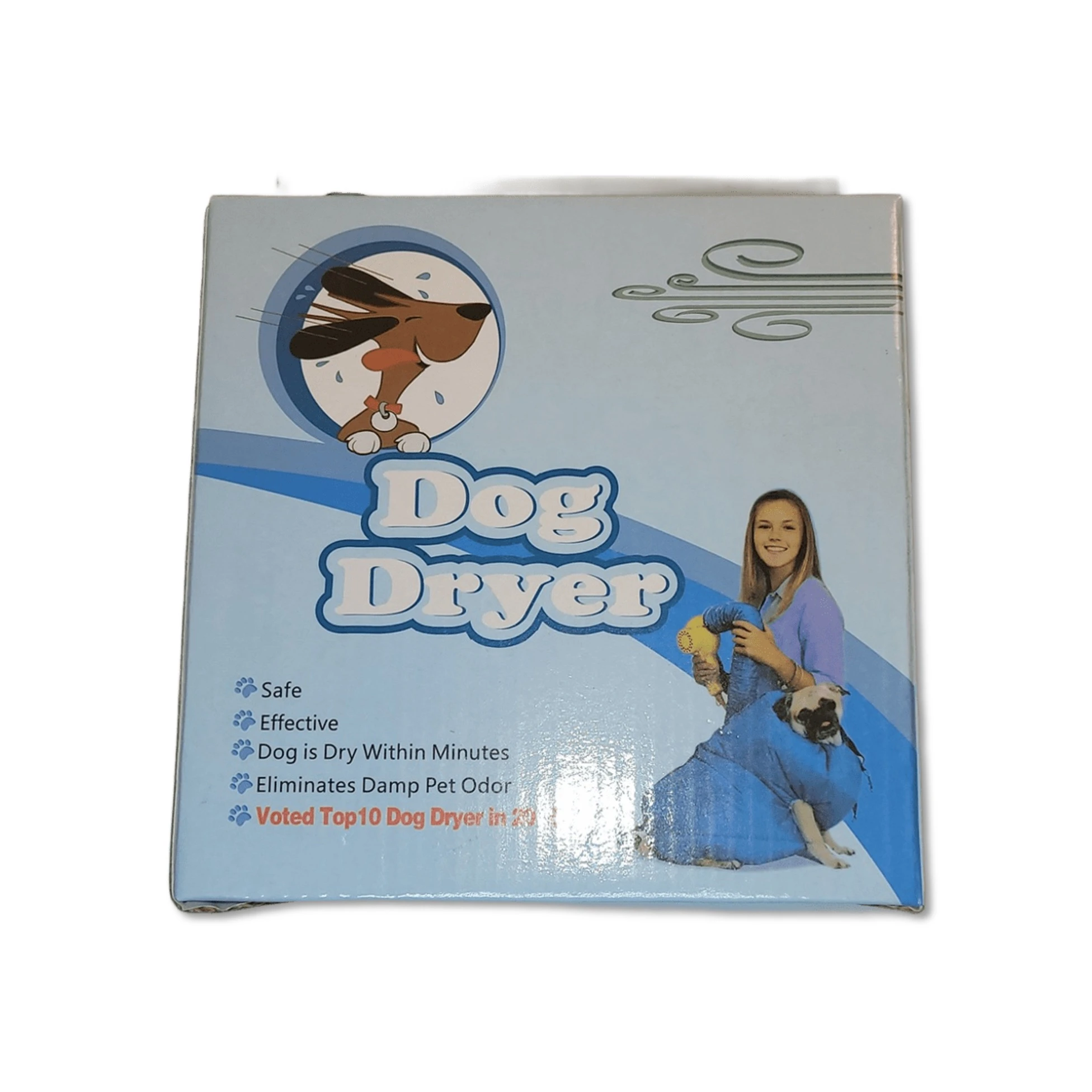 Bolsa secadora para perros en azul, con perrito pug y mujer sonriente usando secador.