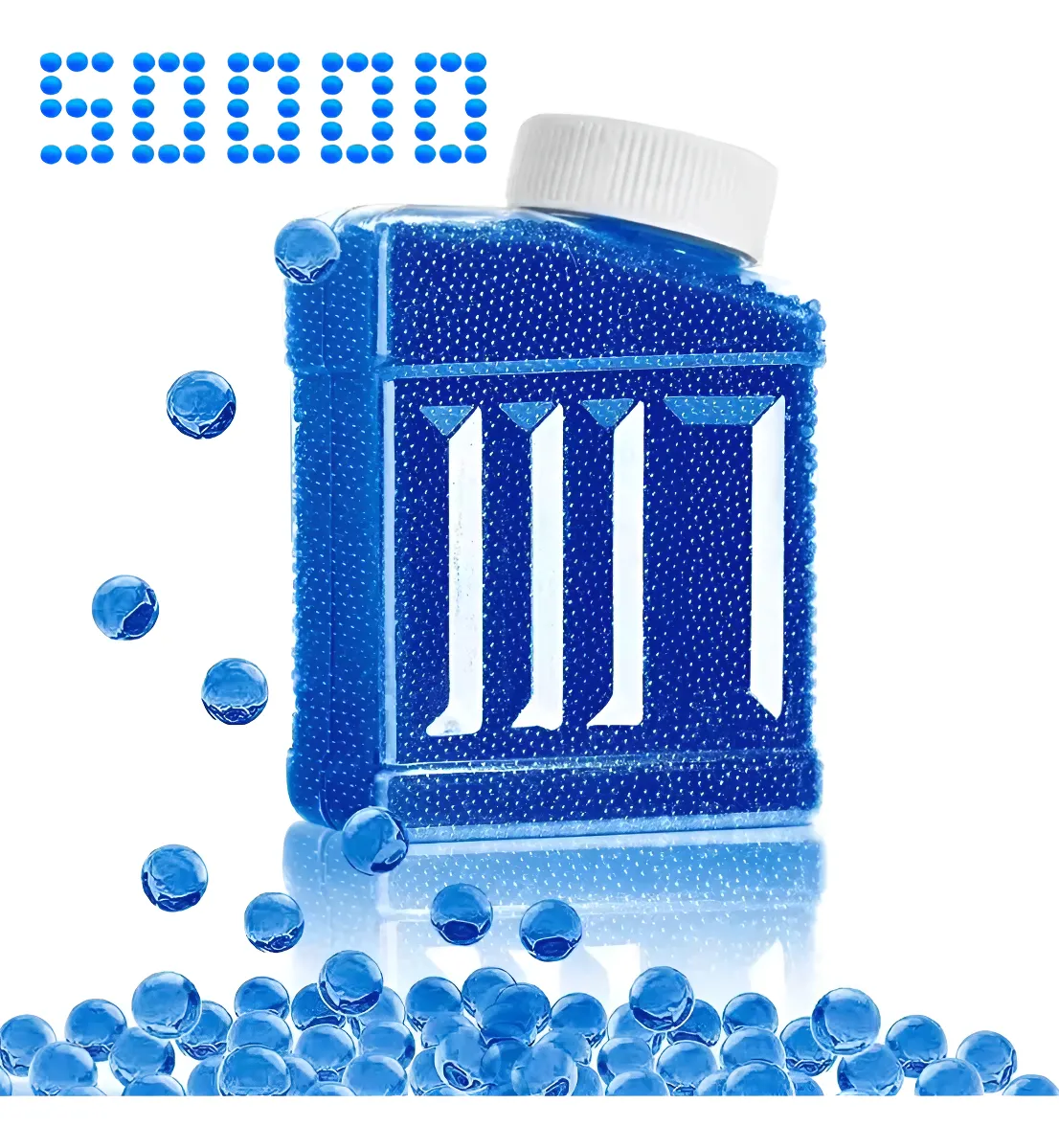 Tarro de hidrogel azul Orbis con 50,000 bolitas, uso principal para decoración y cuidado de plantas.