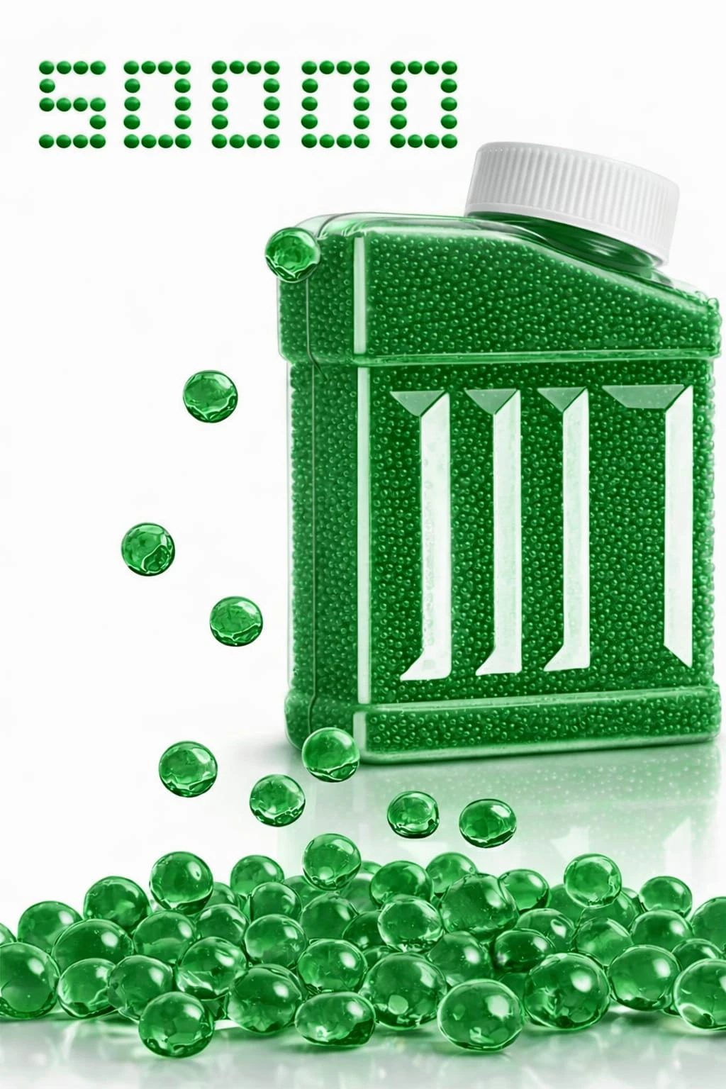 Tarro verde con 50,000 esferas de hidrogel Orbis y 3 barras blancas, con esferas cayendo.