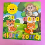 Rompecabezas didáctico de madera con sol, mono, tigre y zorro para niños.