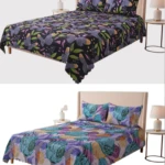 Tendido de cama doble faz, un lado con diseño de mariposas moradas y hojas, otro con círculos abstractos.
