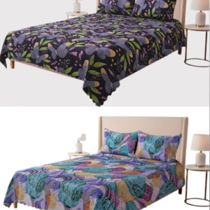 Tendido de cama doble faz, un lado con diseño de mariposas moradas y hojas, otro con círculos abstractos.