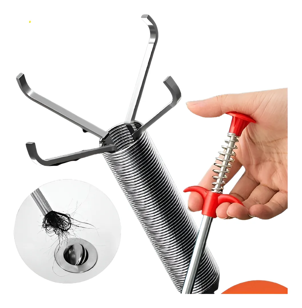 Grabador flexible de 4 puntas para destapar cañerías, con mango ergonómico rojo y resorte metálico.