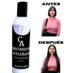 Shampoo Crecimiento Acelerado Jehesimpa en envase cilíndrico blanco con etiqueta negra, acompañado de fotos comparativas de antes y después de su uso.