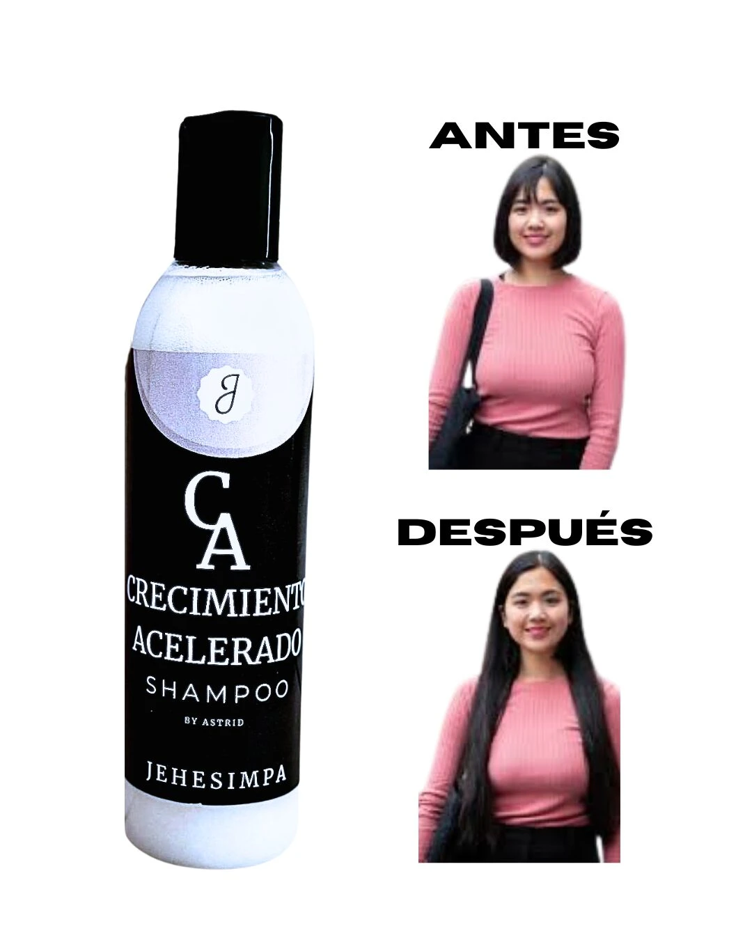 Shampoo Crecimiento Acelerado Jehesimpa en envase cilíndrico blanco con etiqueta negra, acompañado de fotos comparativas de antes y después de su uso.