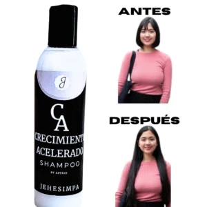 Shampoo Jehesimpa de crecimiento acelerado junto a comparativa visual de una mujer con cabello corto antes y largo después del tratamiento.