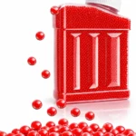 Tarro transparente con 50,000 esferas de hidrogel rojas, salpicando algunas fuera.