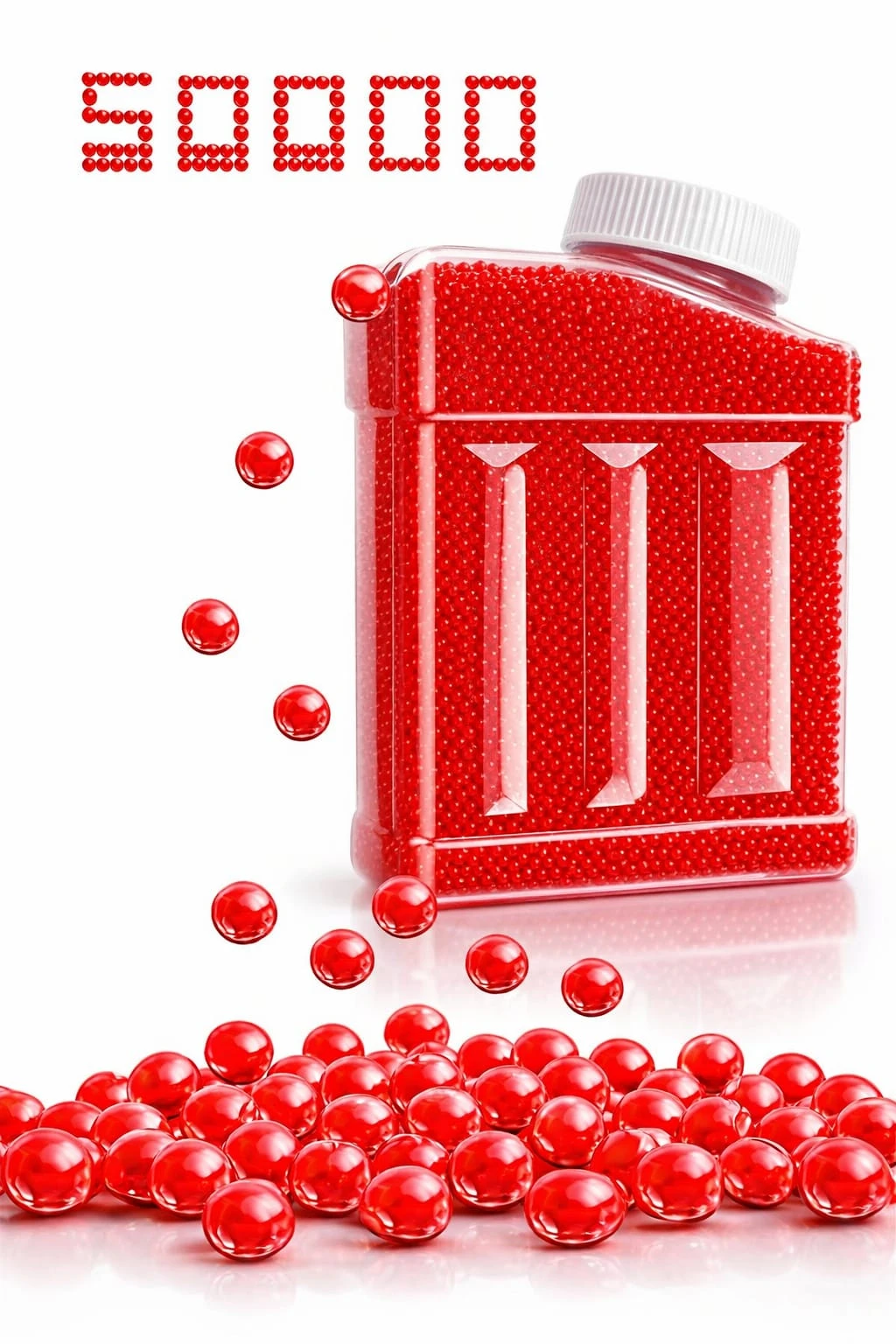 Tarro transparente con 50,000 esferas de hidrogel rojas, salpicando algunas fuera.