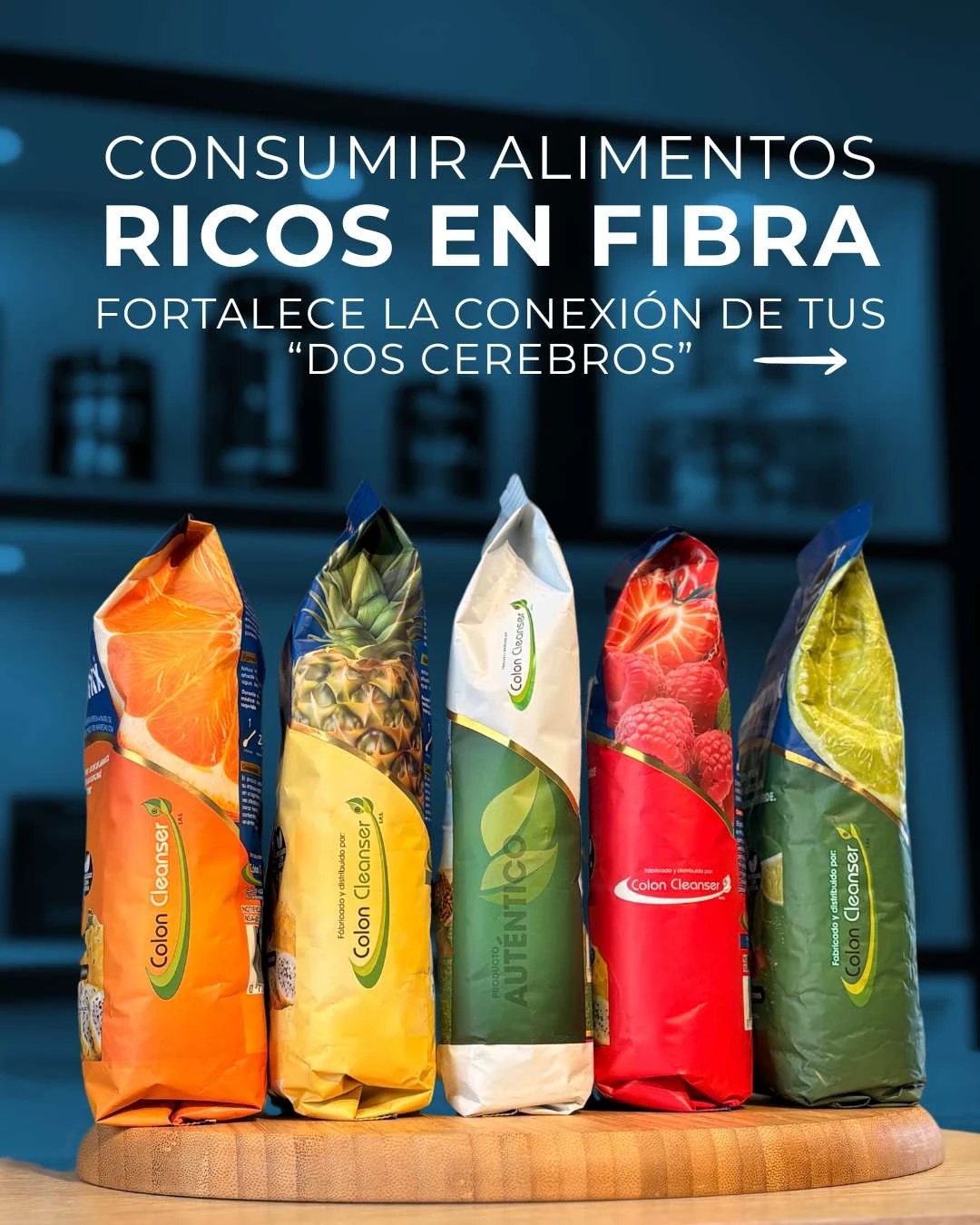 Bolsas de Linazamix de 450 gramos con imágenes de frutas: naranja, piña, verde con hoja y fresa.