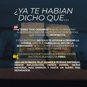 Bolsa de Linazamix 450 gramos con texto sobre beneficios de la microbiota y serotonina.