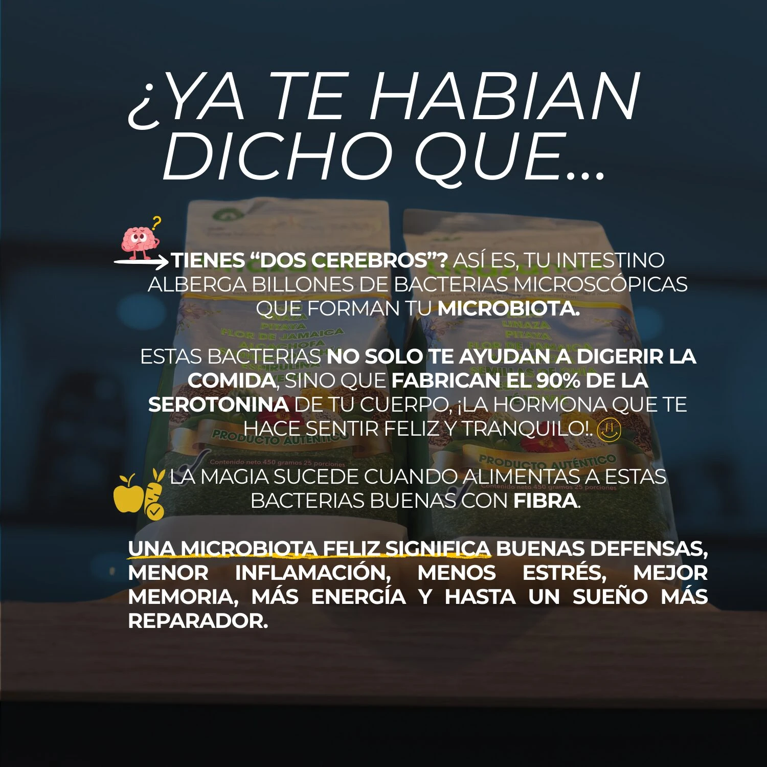 Bolsa de Linazamix 450 gramos con texto sobre beneficios de la microbiota y serotonina.