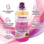 Botella de 1 L de colágeno hidrolizado sabor uva para piel, cabello, uñas, músculos y articulaciones.