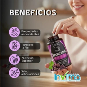 FitoVit Resveratrol en frasco morado junto a racimos de uvas, con beneficios destacados: antioxidantes, piel, nutrición y articulaciones.