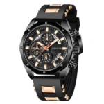 Reloj Liboger de cuarzo con pulso de silicona negra y detalles dorados, cronógrafo.