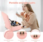 Cosmetiquera rosada portátil de alta calidad con compartimentos, cremalleras doradas y asa, ideal para maquillaje.