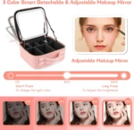 Cosmetiquera rosa con espejo LED ajustable en ángulo, ideal para maquillaje.