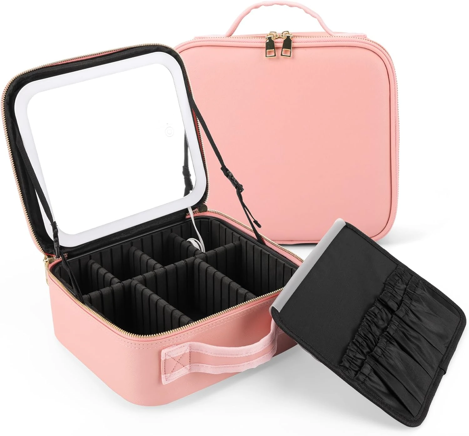 Cosmetiquera rosa abierta con espejo LED, divisores internos ajustables y estuche de brochas extraíble.