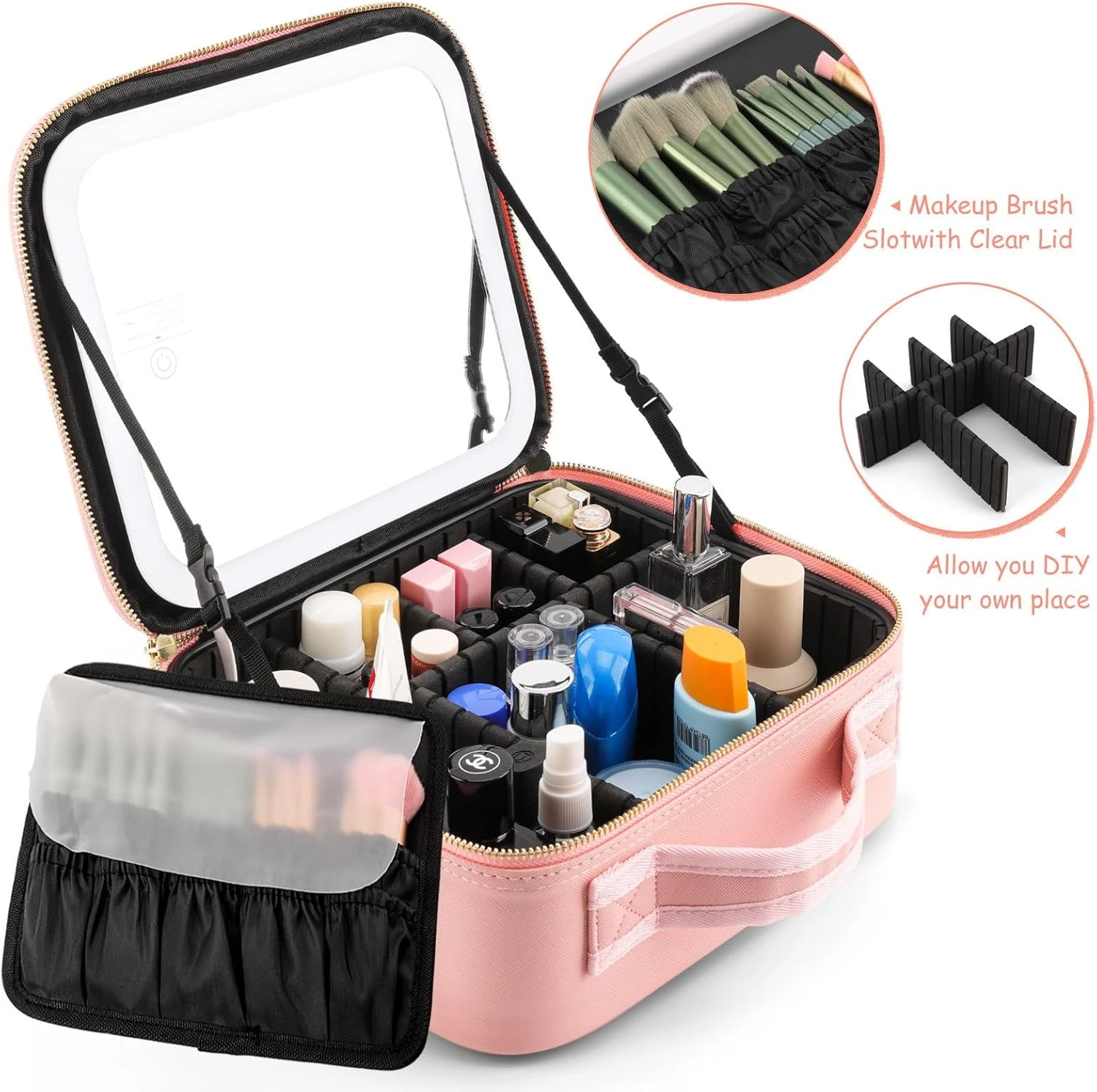 Cosmetiquera rosa abierta con espejo LED, divisores internos ajustables y compartimento para brochas.