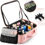 Cosmetiquera rosa con espejo LED, compartimentos ajustables y organizador de brochas.