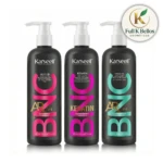 Kit de tres botellas negras de 500 ml Karseell BNC con dispensador: champú nutritivo, tratamiento alisante de queratina y acondicionador desenredante.
