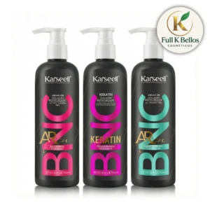 Kit Karseeel BNC de 3 productos de 500 ml: champú nutritivo, tratamiento alisador de queratina y acondicionador desenredante en envases negros con dosificador.