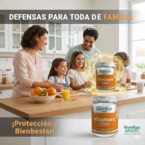 Familia feliz en cocina disfrutando frutas mientras se promocionan gomitas Gomas Adulto Vitamina C y Zinc.