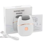 Pulidor de pies eléctrico blanco con cabezal gris, recargable por USB. Ideal para eliminar callos.