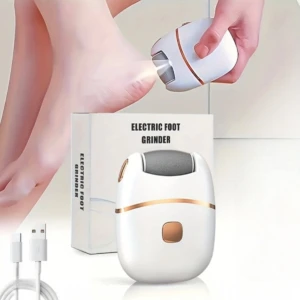 Pulidor eléctrico para pies blanco con detalles dorados, quitando callos en el talón. Incluye cable USB.