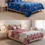 Juego de cama abullonado doble azul con diseño de mandalas circulares y juego de cama abullonado gris con mandalas rojas.