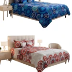 Tendido abullonado cama doble 1.40, diseño geométrico azul y otro con círculos rojos y grises.