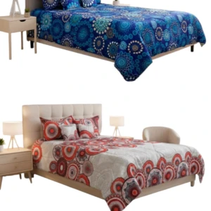 Tendido abullonado cama doble 1.40, diseño geométrico azul y otro con círculos rojos y grises.