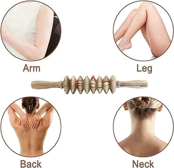 Masajeador de madera con rodillos para piernas, espalda y cuello, ideal para relajar músculos.