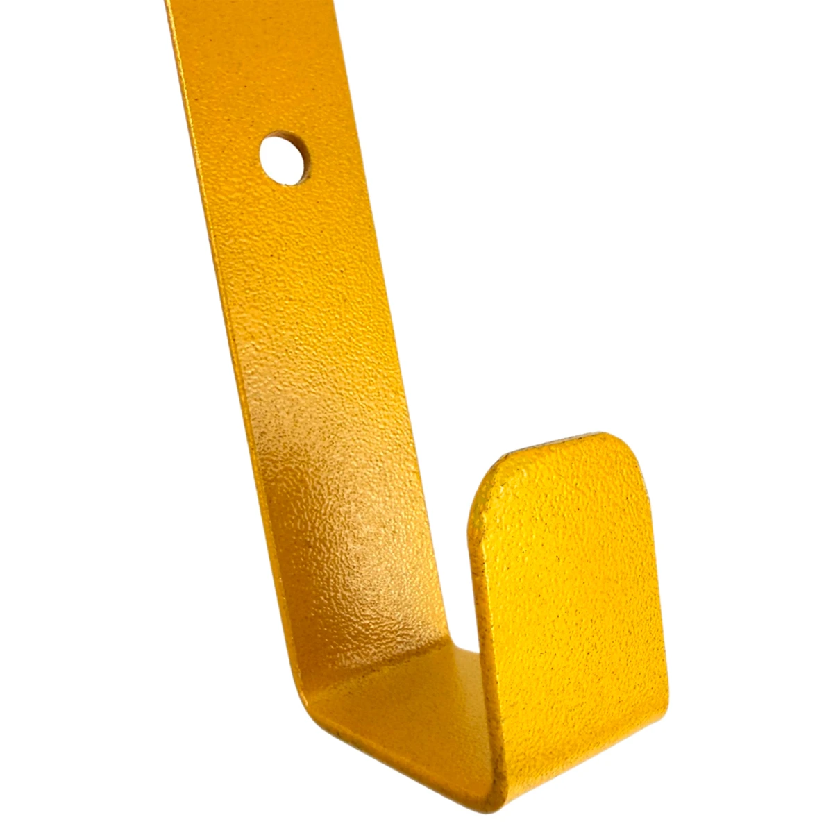 Gancho amarillo texturizado para colgar casco de moto, con agujero para fijación.